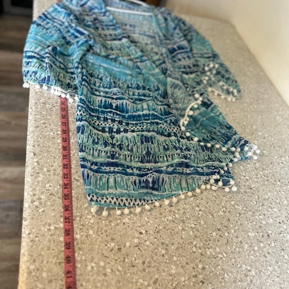 Venus XL Blue and White Coastal wrap/kimono cover-up with pom details